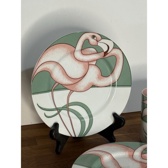 Rare Vintage Fitz & Floyd MCM Flamingo Road Porcelain Dessert Plates Mugs Set 4 - Picture 2 of 7